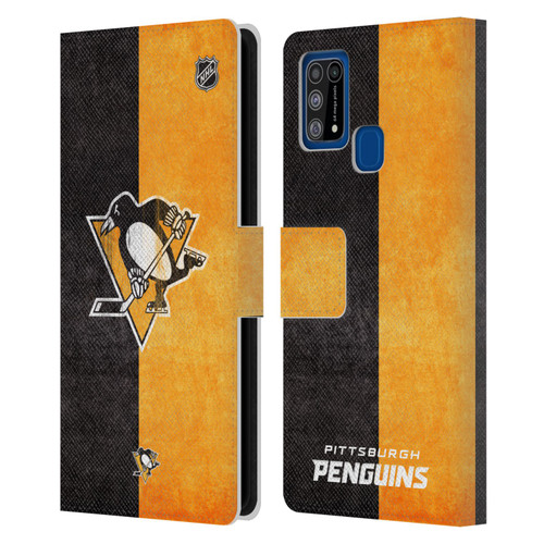 NHL Pittsburgh Penguins Half Distressed Leather Book Wallet Case Cover For Samsung Galaxy M31 (2020)