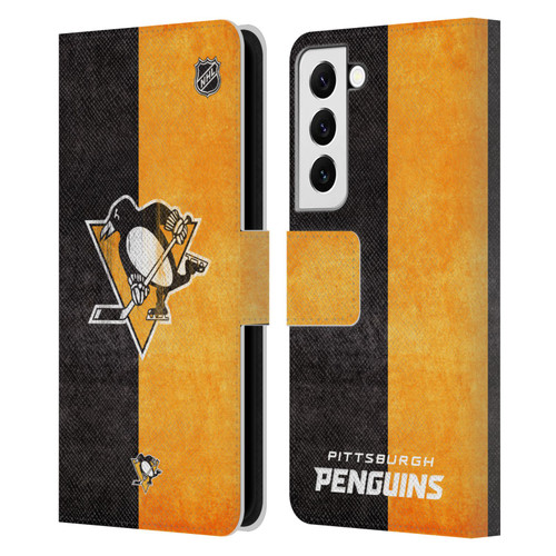 NHL Pittsburgh Penguins Half Distressed Leather Book Wallet Case Cover For Samsung Galaxy S22 5G