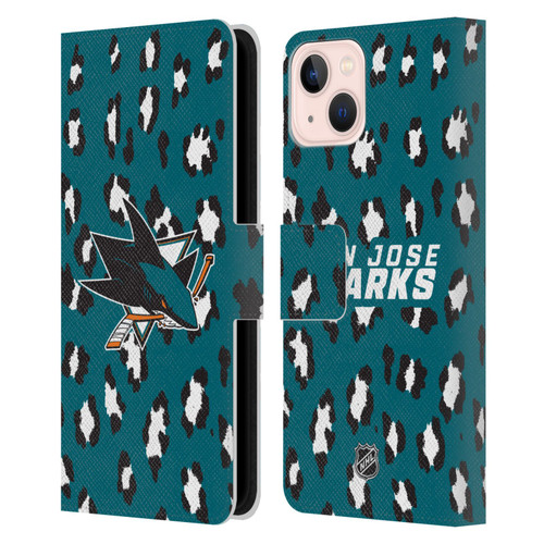 NHL San Jose Sharks Leopard Patten Leather Book Wallet Case Cover For Apple iPhone 13