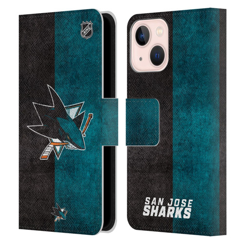 NHL San Jose Sharks Half Distressed Leather Book Wallet Case Cover For Apple iPhone 13 Mini