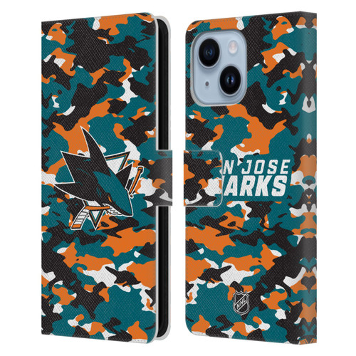 NHL San Jose Sharks Camouflage Leather Book Wallet Case Cover For Apple iPhone 14 Plus