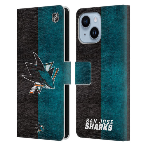 NHL San Jose Sharks Half Distressed Leather Book Wallet Case Cover For Apple iPhone 14 Plus