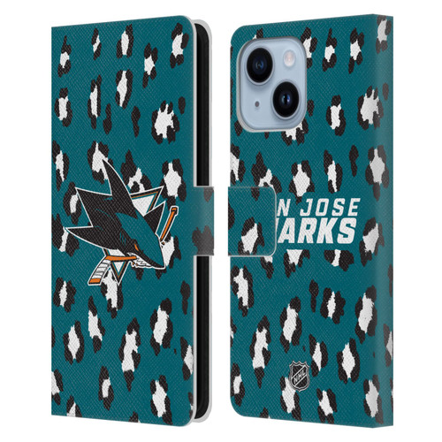 NHL San Jose Sharks Leopard Patten Leather Book Wallet Case Cover For Apple iPhone 14 Plus