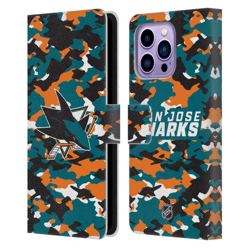 NHL San Jose Sharks Camouflage Leather Book Wallet Case Cover For Apple iPhone 14 Pro Max