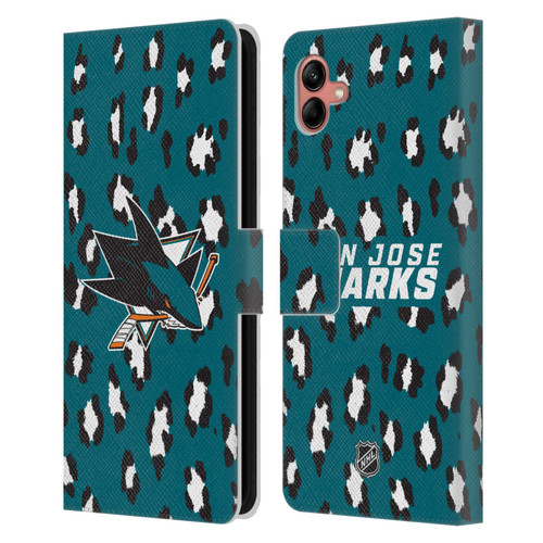 NHL San Jose Sharks Leopard Patten Leather Book Wallet Case Cover For Samsung Galaxy A04 (2022)