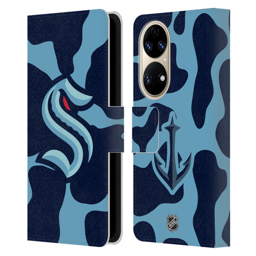 NHL Seattle Kraken Cow Pattern Leather Book Wallet Case Cover For Huawei P50
