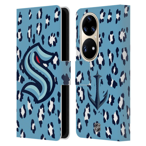 NHL Seattle Kraken Leopard Patten Leather Book Wallet Case Cover For Huawei P50 Pro