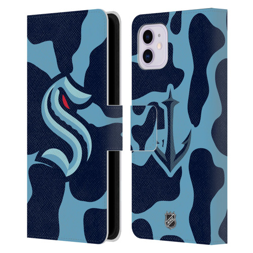 NHL Seattle Kraken Cow Pattern Leather Book Wallet Case Cover For Apple iPhone 11