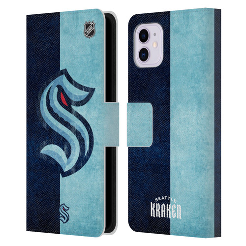 NHL Seattle Kraken Half Distressed Leather Book Wallet Case Cover For Apple iPhone 11