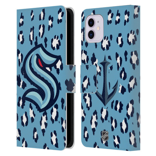 NHL Seattle Kraken Leopard Patten Leather Book Wallet Case Cover For Apple iPhone 11