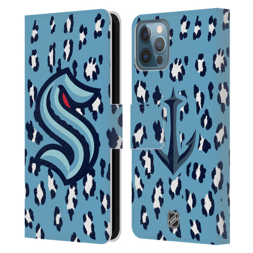 NHL Seattle Kraken Leopard Patten Leather Book Wallet Case Cover For Apple iPhone 12 / iPhone 12 Pro