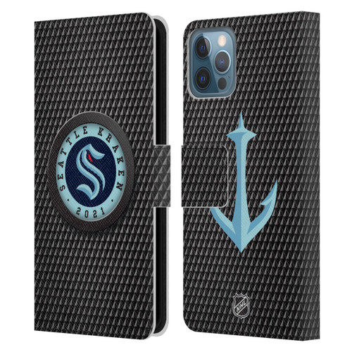 NHL Seattle Kraken Puck Texture Leather Book Wallet Case Cover For Apple iPhone 12 / iPhone 12 Pro