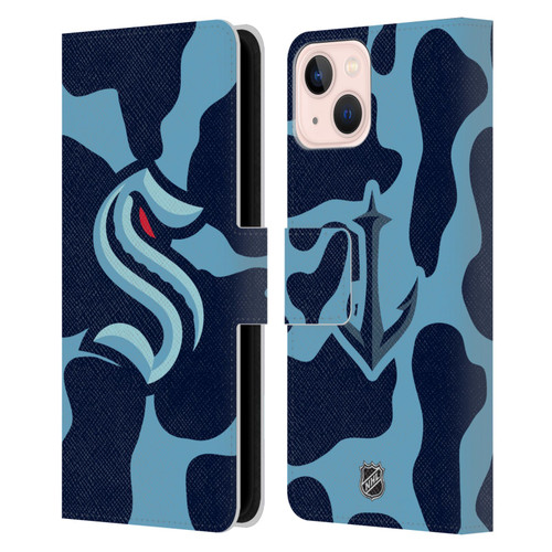 NHL Seattle Kraken Cow Pattern Leather Book Wallet Case Cover For Apple iPhone 13