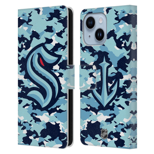 NHL Seattle Kraken Camouflage Leather Book Wallet Case Cover For Apple iPhone 14 Plus
