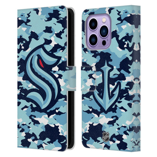 NHL Seattle Kraken Camouflage Leather Book Wallet Case Cover For Apple iPhone 14 Pro Max