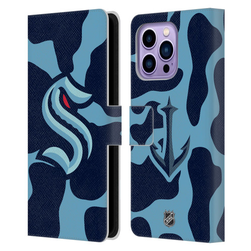 NHL Seattle Kraken Cow Pattern Leather Book Wallet Case Cover For Apple iPhone 14 Pro Max