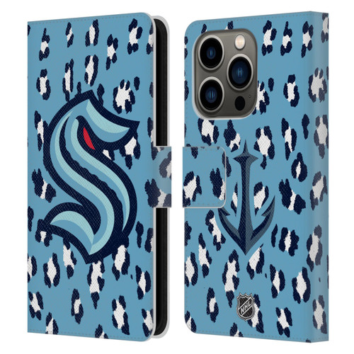 NHL Seattle Kraken Leopard Patten Leather Book Wallet Case Cover For Apple iPhone 14 Pro