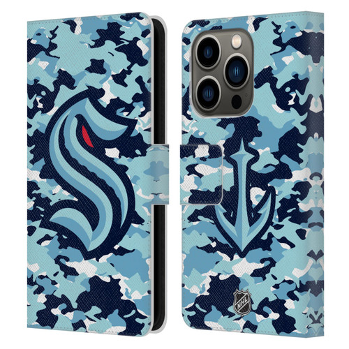 NHL Seattle Kraken Camouflage Leather Book Wallet Case Cover For Apple iPhone 14 Pro