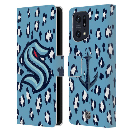 NHL Seattle Kraken Leopard Patten Leather Book Wallet Case Cover For OPPO Find X5