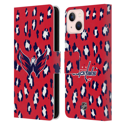 NHL Washington Capitals Leopard Patten Leather Book Wallet Case Cover For Apple iPhone 13