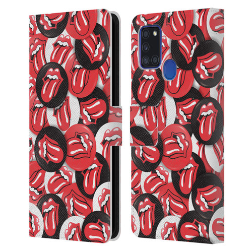 The Rolling Stones Licks Collection Tongue Classic Button Pattern Leather Book Wallet Case Cover For Samsung Galaxy A21s (2020)