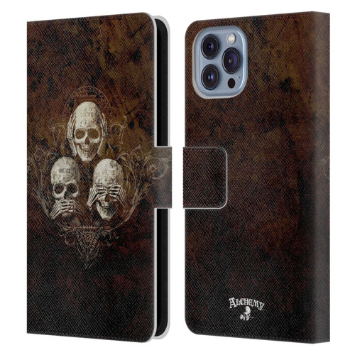 Alchemy Gothic Skull No Evil Three Skull Leather Book Wallet Case Cover For Apple iPhone 14