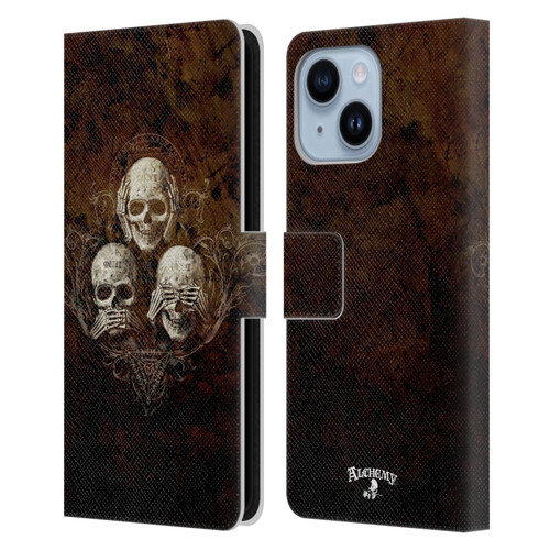 Alchemy Gothic Skull No Evil Three Skull Leather Book Wallet Case Cover For Apple iPhone 14 Plus