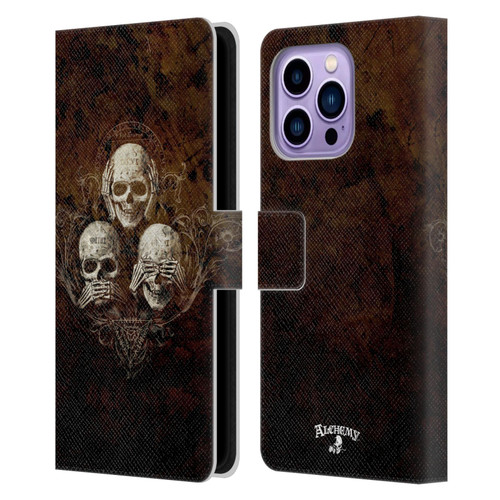 Alchemy Gothic Skull No Evil Three Skull Leather Book Wallet Case Cover For Apple iPhone 14 Pro Max