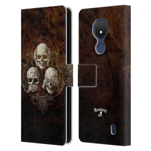 Alchemy Gothic Skull No Evil Three Skull Leather Book Wallet Case Cover For Nokia C21