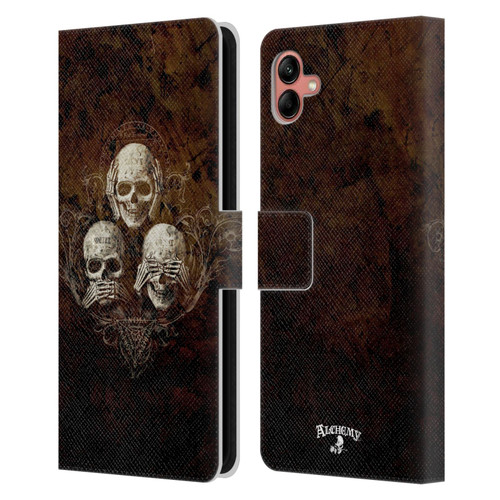 Alchemy Gothic Skull No Evil Three Skull Leather Book Wallet Case Cover For Samsung Galaxy A04 (2022)