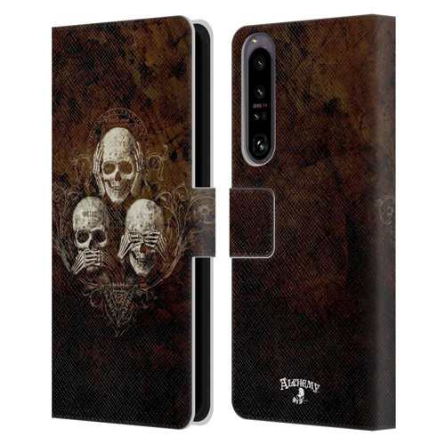 Alchemy Gothic Skull No Evil Three Skull Leather Book Wallet Case Cover For Sony Xperia 1 IV