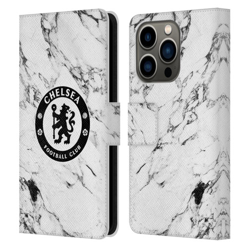 Chelsea Football Club Crest White Marble Leather Book Wallet Case Cover For Apple iPhone 14 Pro
