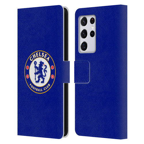 Chelsea Football Club Crest Plain Blue Leather Book Wallet Case Cover For Samsung Galaxy S21 Ultra 5G