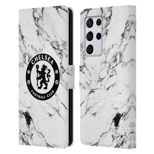 Chelsea Football Club Crest White Marble Leather Book Wallet Case Cover For Samsung Galaxy S21 Ultra 5G