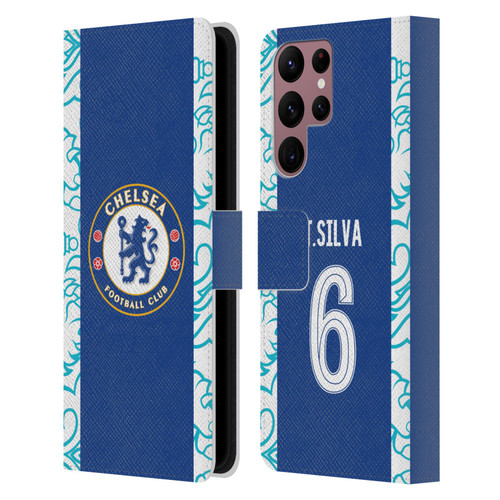 Chelsea Football Club 2022/23 Players Home Kit Thiago Silva Leather Book Wallet Case Cover For Samsung Galaxy S22 Ultra 5G