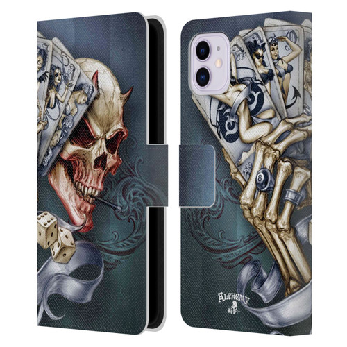 Alchemy Gothic Skull And Cards Read 'Em And Weep Leather Book Wallet Case Cover For Apple iPhone 11