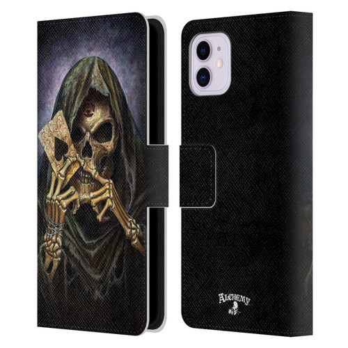 Alchemy Gothic Skull And Cards Reaper's Ace Leather Book Wallet Case Cover For Apple iPhone 11