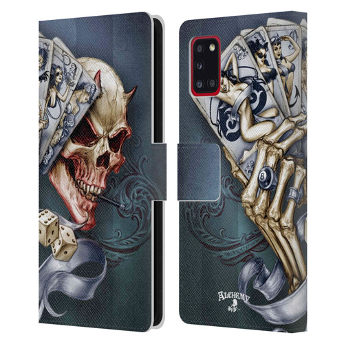 Alchemy Gothic Skull And Cards Read 'Em And Weep Leather Book Wallet Case Cover For Samsung Galaxy A31 (2020)