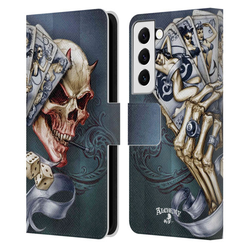 Alchemy Gothic Skull And Cards Read 'Em And Weep Leather Book Wallet Case Cover For Samsung Galaxy S22 5G