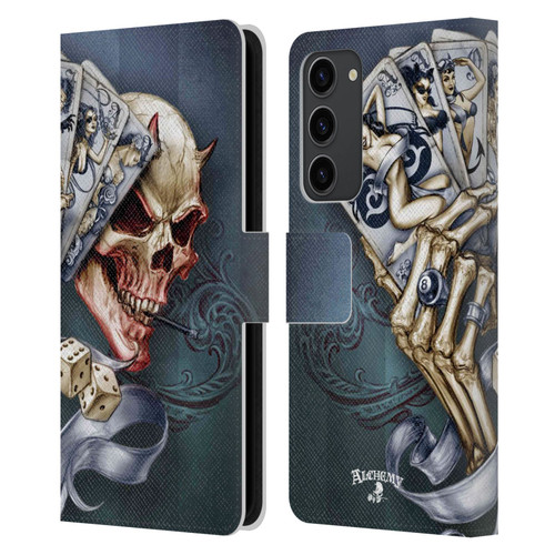 Alchemy Gothic Skull And Cards Read 'Em And Weep Leather Book Wallet Case Cover For Samsung Galaxy S23+ 5G