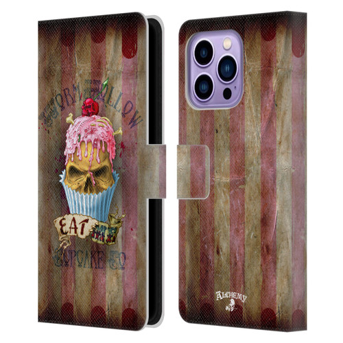 Alchemy Gothic Skull Eat Me Cupcake Leather Book Wallet Case Cover For Apple iPhone 14 Pro Max
