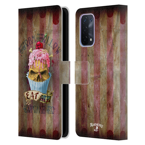 Alchemy Gothic Skull Eat Me Cupcake Leather Book Wallet Case Cover For OPPO A54 5G