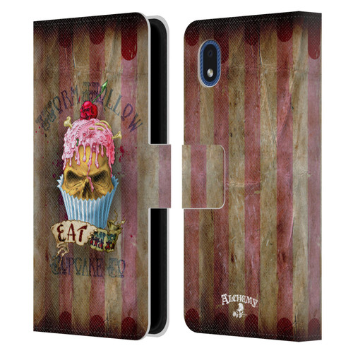 Alchemy Gothic Skull Eat Me Cupcake Leather Book Wallet Case Cover For Samsung Galaxy A01 Core (2020)
