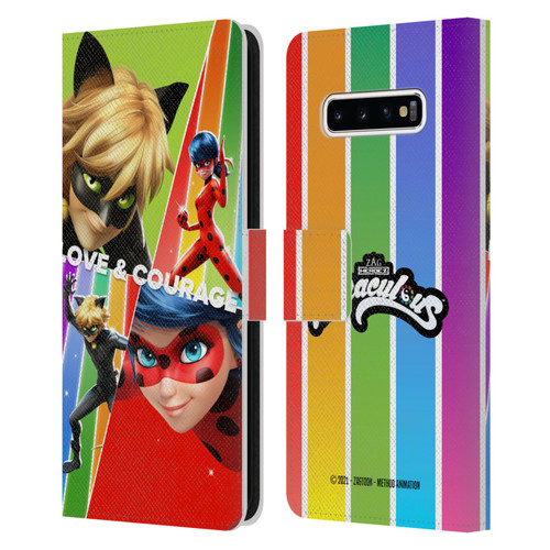 Miraculous Tales of Ladybug & Cat Noir Graphics Love & Courage Leather Book Wallet Case Cover For Samsung Galaxy S10+ / S10 Plus