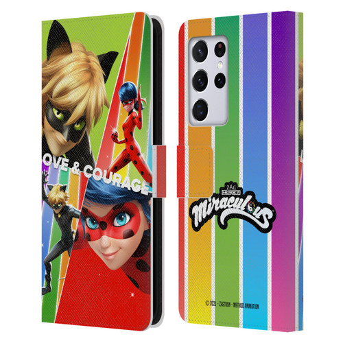 Miraculous Tales of Ladybug & Cat Noir Graphics Love & Courage Leather Book Wallet Case Cover For Samsung Galaxy S21 Ultra 5G
