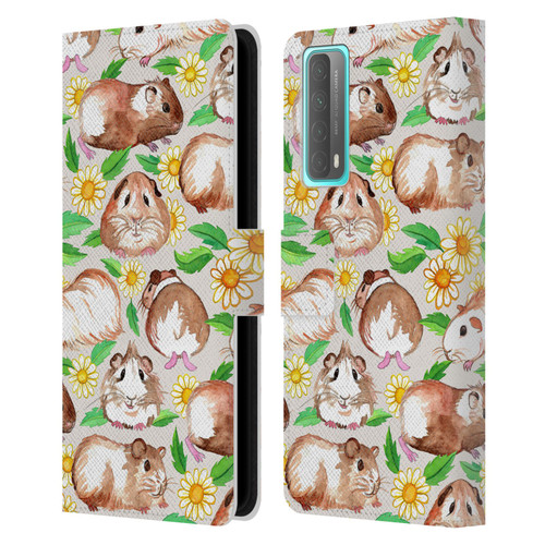 Micklyn Le Feuvre Patterns 2 Guinea Pigs And Daisies In Watercolour On Tan Leather Book Wallet Case Cover For Huawei P Smart (2021)