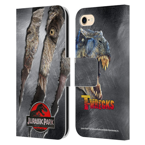 Jurassic Park Logo T-Rex Claw Mark Leather Book Wallet Case Cover For Apple iPhone 7 / 8 / SE 2020 & 2022