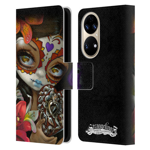Strangeling Art Day of Dead Heart Charm Leather Book Wallet Case Cover For Huawei P50