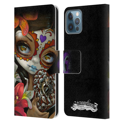 Strangeling Art Day of Dead Heart Charm Leather Book Wallet Case Cover For Apple iPhone 12 / iPhone 12 Pro