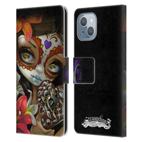 Strangeling Art Day of Dead Heart Charm Leather Book Wallet Case Cover For Apple iPhone 14